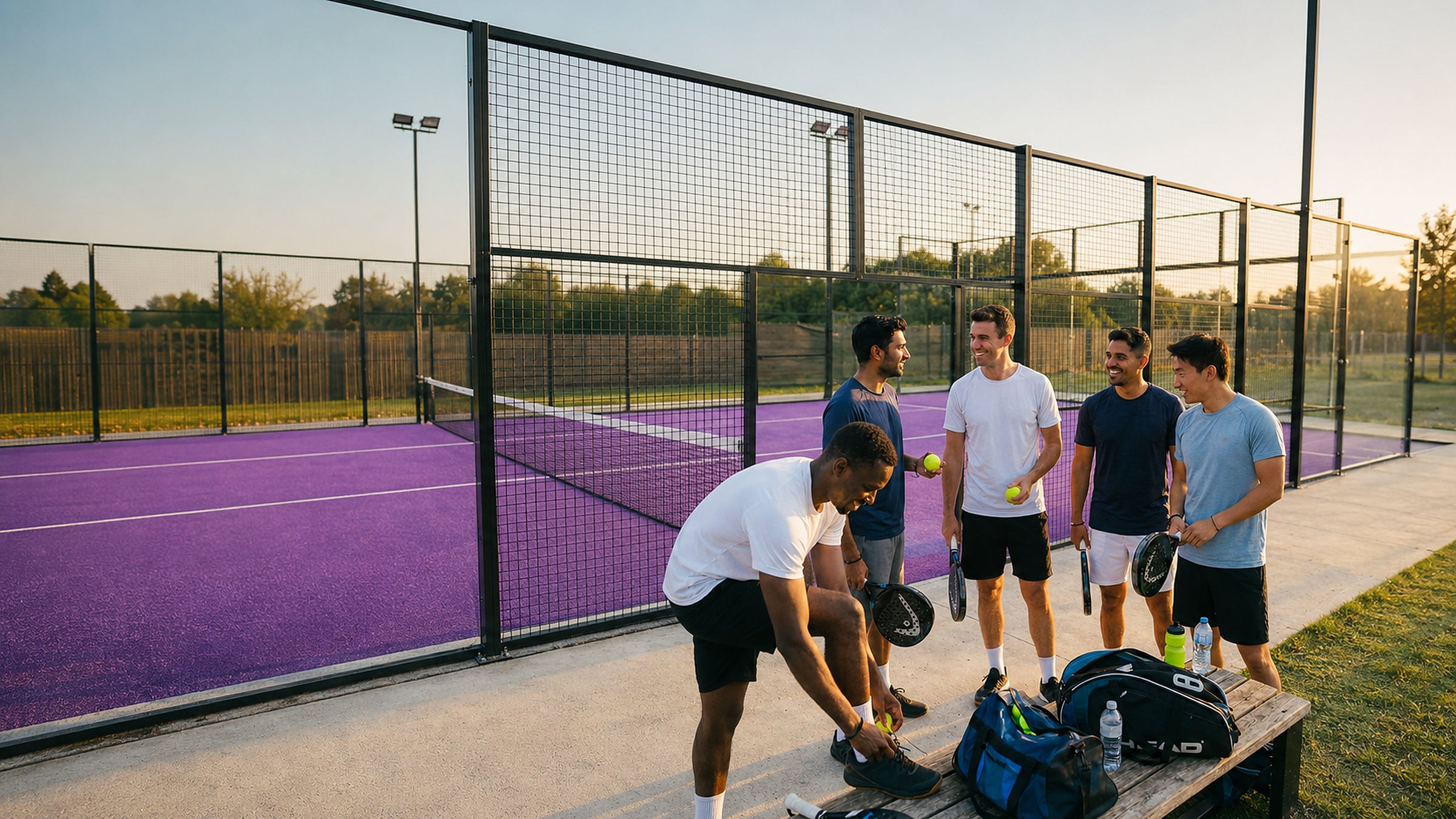 Padelspeler hangt zijn tas aan de JOTÉ Player voordat hij de baan op loopt